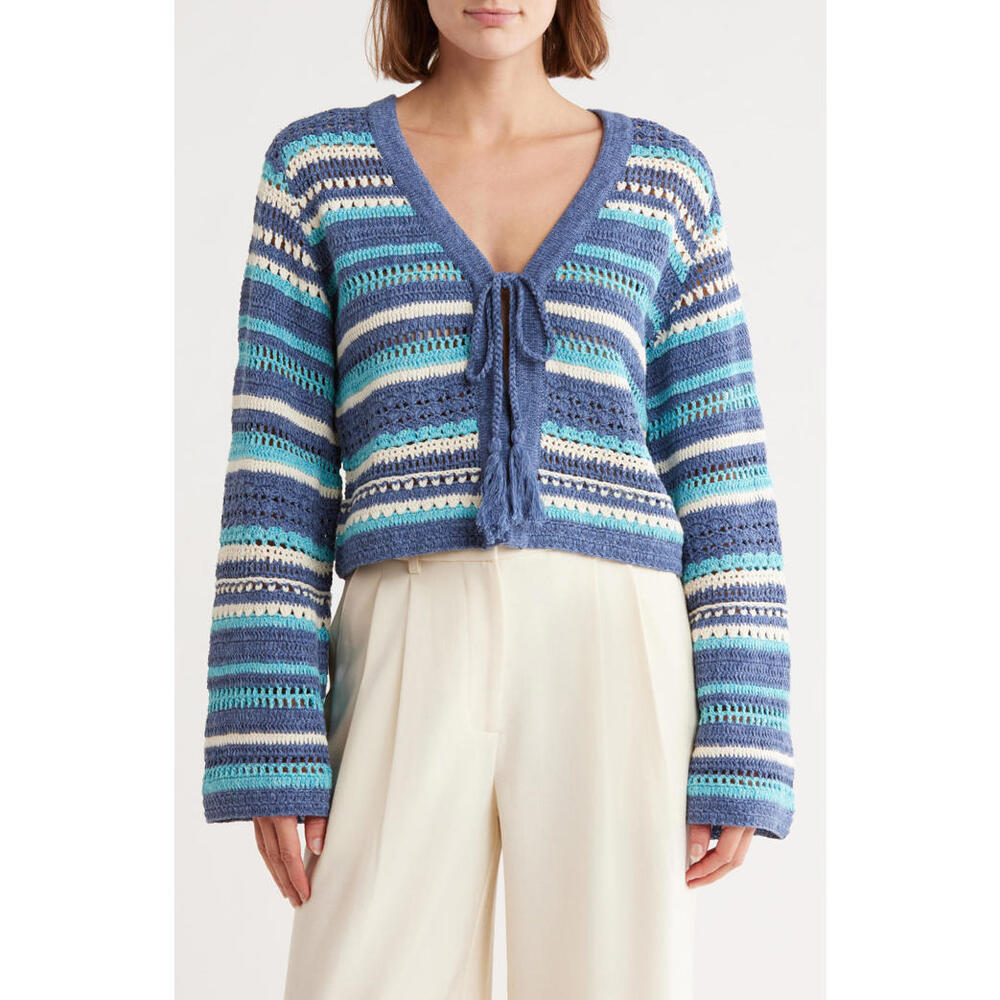 NWT! Ramy Brook Madge Cotton Stripe Cardigan in Spring Navy Geo Size XS